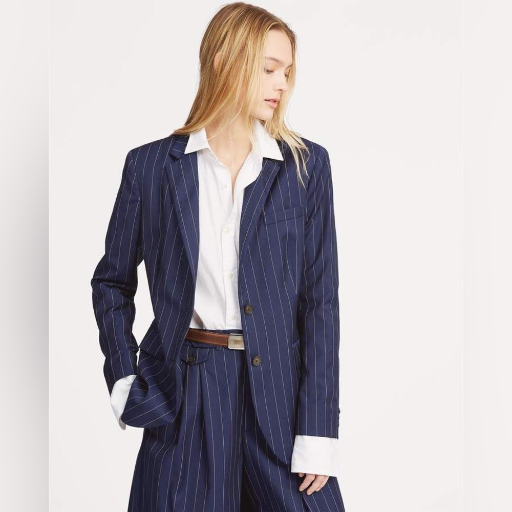 LAUREN Ralph Lauren Blazer French Navy/White Stripe Single Button Womens Sz 4